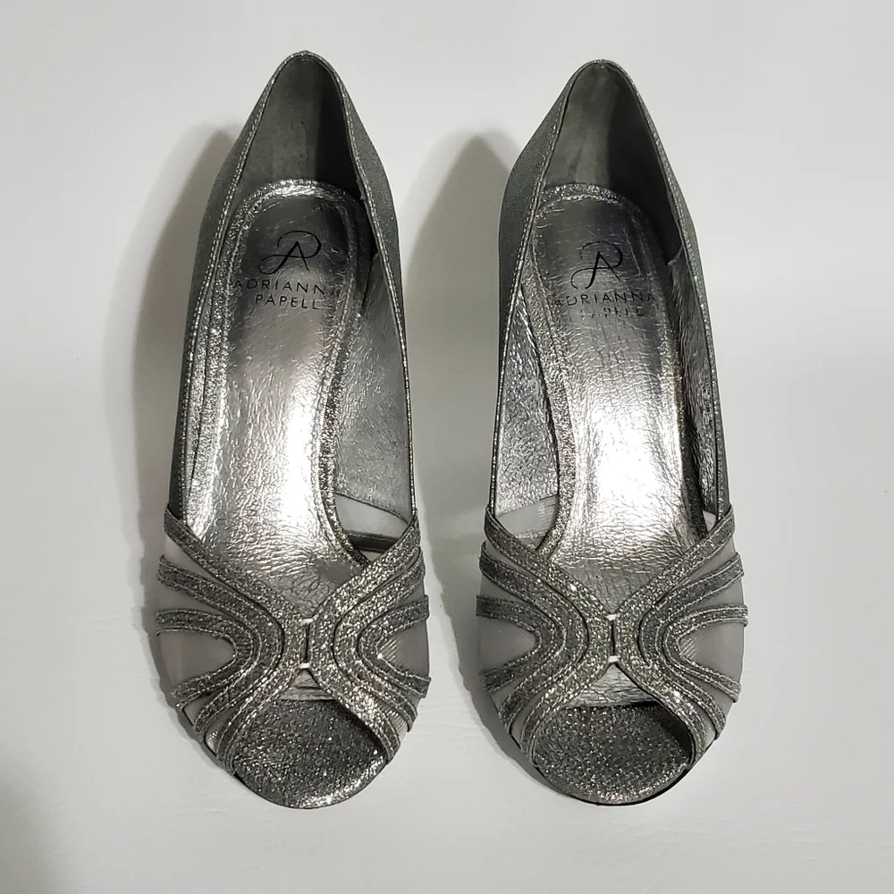 Adrianna Papell Silver Glitter Heel Pumps Sheer Peek A Boo Toe Shoes